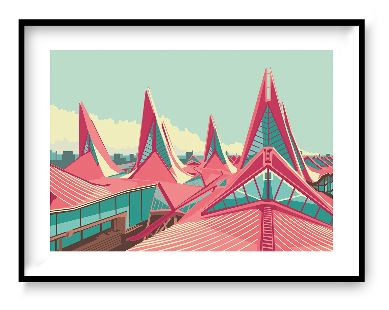 Vlinderpaleis Antwerp courthouse illustration by Gert Paenen featuring the iconic modern architecture of the Antwerp Justice Palace in bold geometric colors, 30x40 cm digital art print.