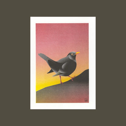 Blackbird illustration by VrijFormaat featuring a sleek black bird against a warm sunset gradient background — modern nature-inspired wall art available at Galerie Frits