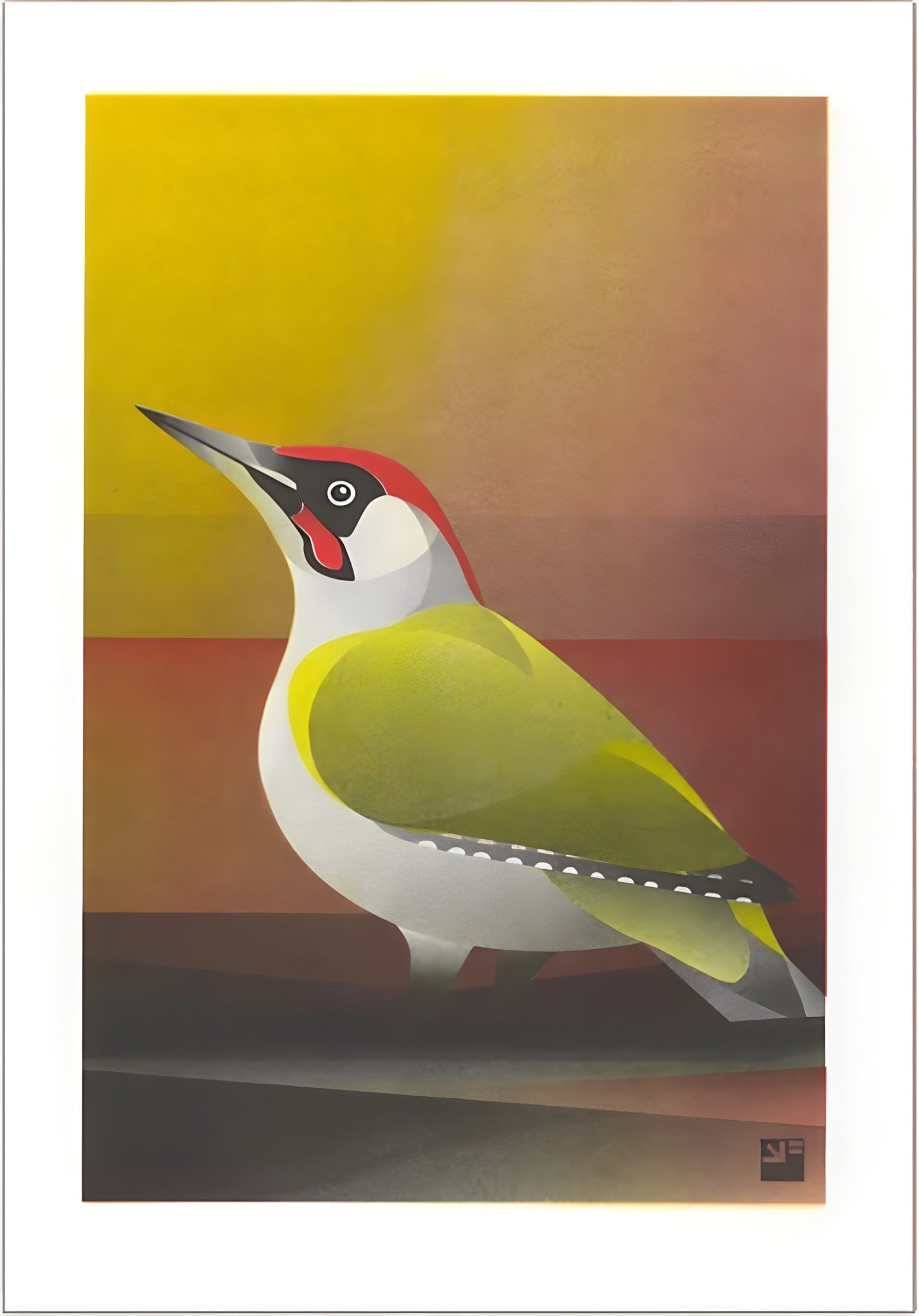Colorful risograph art print of a European Green Woodpecker (Picus viridis) by VrijFormaat, minimalist bird illustration in yellow, green, and red tones on A4 eco-friendly paper – modern wall art made in the Netherlands