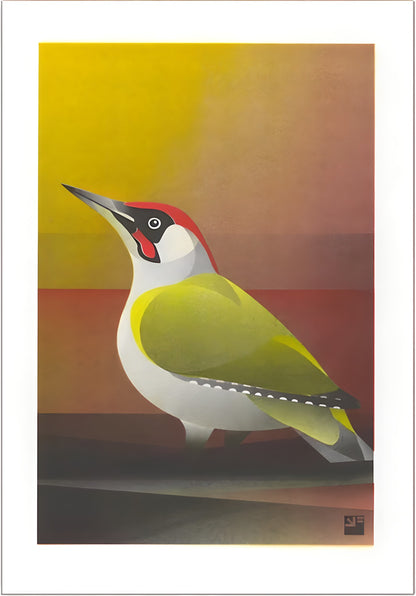 Colorful risograph art print of a European Green Woodpecker (Picus viridis) by VrijFormaat, minimalist bird illustration in yellow, green, and red tones on A4 eco-friendly paper – modern wall art made in the Netherlands