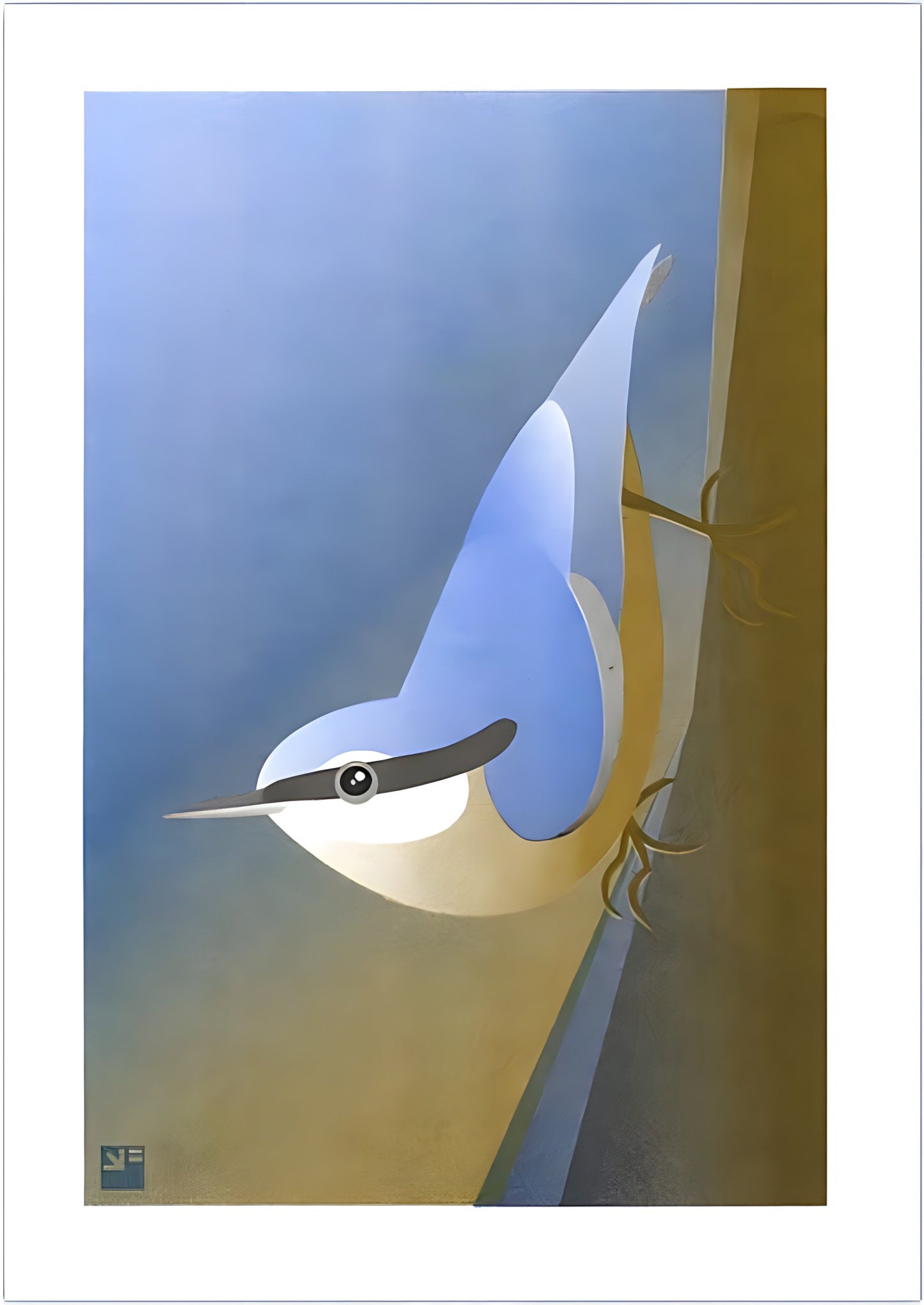 Illustration of a stylized nuthatch bird clinging to a tree in minimalist, soft blue and ochre tones – Nuthatch by VrijFormaat, A4 risograph art print made in the Netherlands.