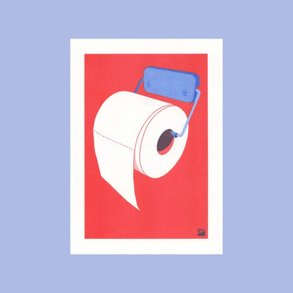 Minimalist risograph art print of a toilet paper roll in bold red and blue by VrijFormaat. Modern pop-art style wall art celebrating everyday design objects. Printed on Biotop 160g paper, A4 size, made in the Netherlands.