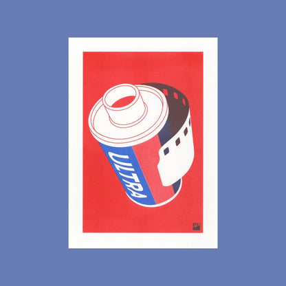 "Film Roll" by VrijFormaat – bold minimalist illustration of a retro 35mm film canister labeled “Ultra” in red, white, and blue, evoking vintage photography nostalgia and modern pop art aesthetics; a perfect gift for analog film lovers and creative wall decor, available at Galerie Frits