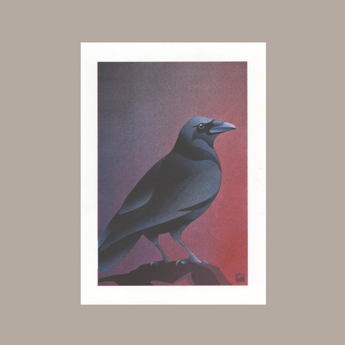Atmospheric crow art print by Vrijformaat, featuring a sleek black crow against a moody gradient background of red and violet hues. A minimalist and elegant illustration perfect for modern interiors and bird lovers. Available at Galerie Frits