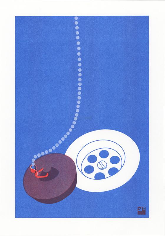 Minimalist risograph art print of a kitchen sink drain and plug, designed in vivid red and blue by Dutch studio VrijFormaat. Modern pop-art style illustration from the “Extra Ordinary” series, celebrating everyday household objects. Printed on Biotop paper, A4 size, made in Utrecht, the Netherlands.