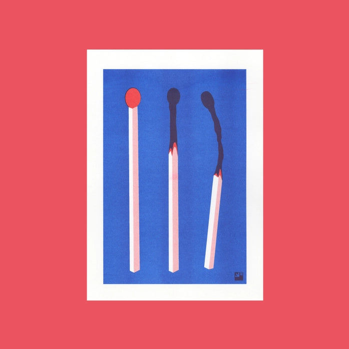 Minimalist risograph art print of three red and blue matchsticks in various stages of burning, designed by VrijFormaat on A4 Biotop paper.