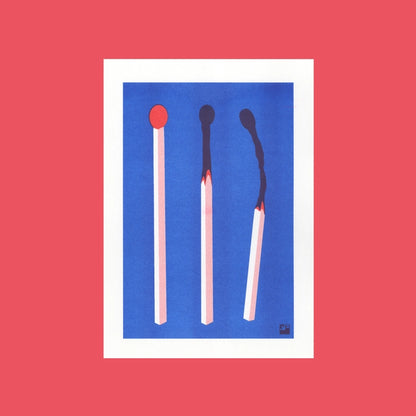 Minimalist risograph art print of three red and blue matchsticks in various stages of burning, designed by VrijFormaat on A4 Biotop paper.