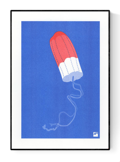 Minimalist risograph art print of a red and white tampon on a vivid blue background, part of VrijFormaat’s Extra Ordinary series. Playful modern design printed with eco-friendly vegetable-based inks on Biotop paper — perfect for design lovers and contemporary art collectors in Europe.
