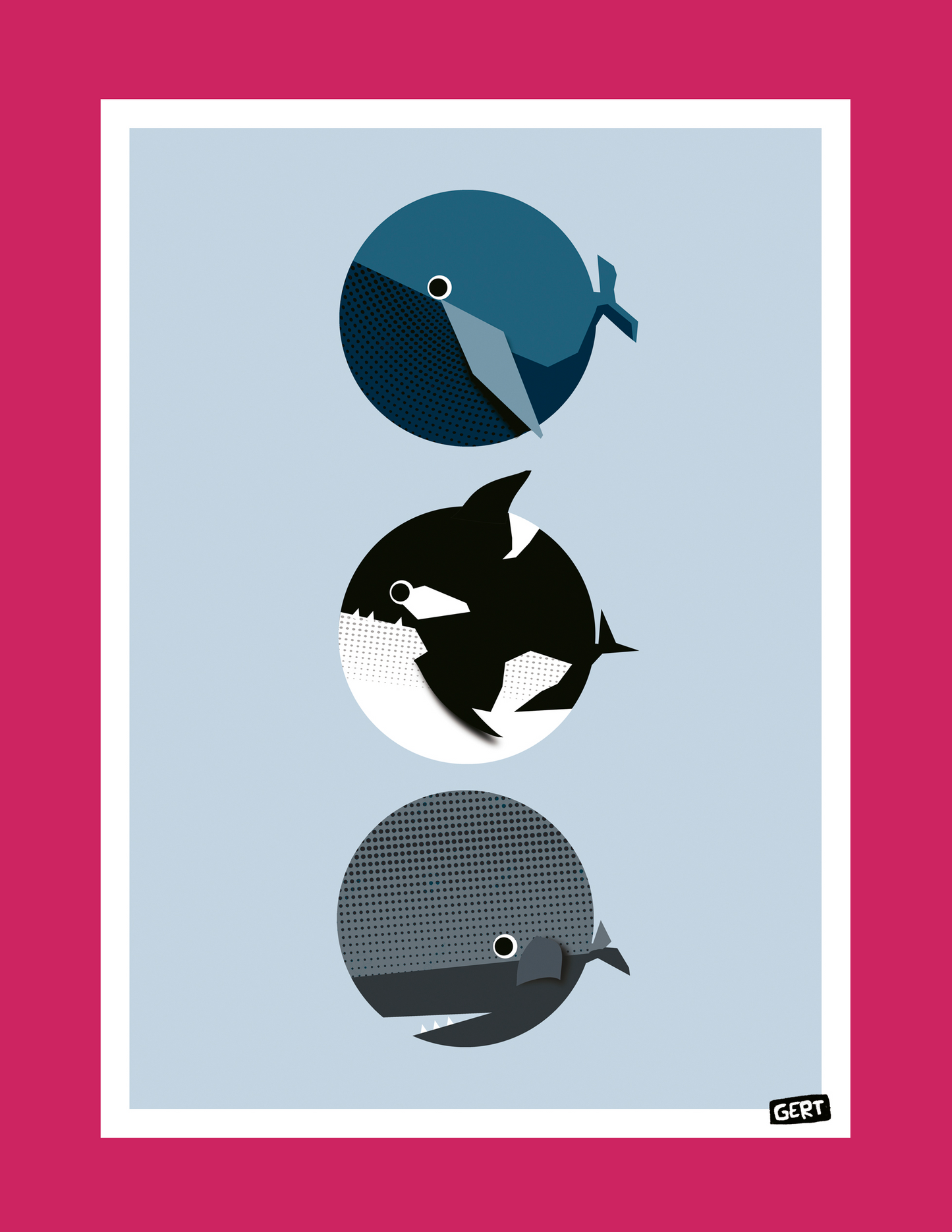 Whales by Gert Paenen, minimalist whale art print featuring three geometric whales in blue, black and grey tones on a soft blue background, contemporary marine life wall art for modern home decor.