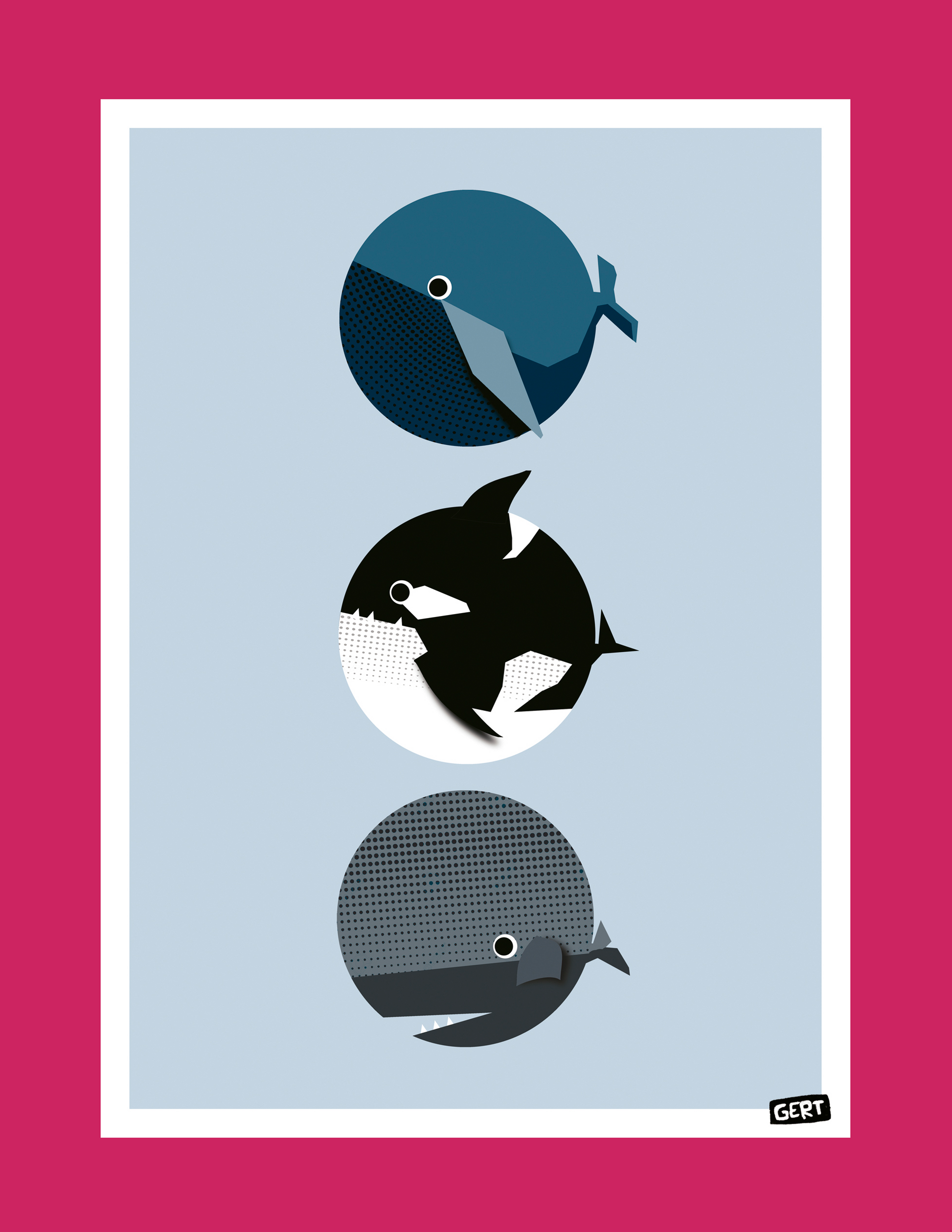 Whales by Gert Paenen, minimalist whale art print featuring three geometric whales in blue, black and grey tones on a soft blue background, contemporary marine life wall art for modern home decor.