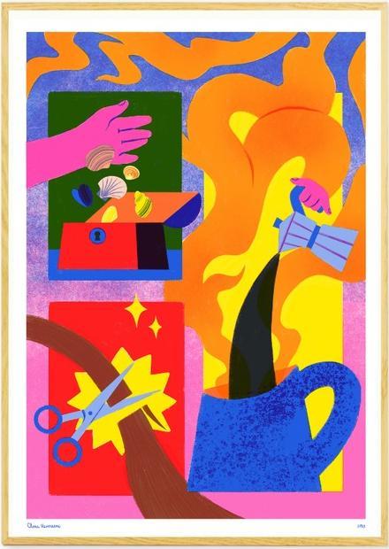 Limited edition A3 risograph print titled “Back to Business” by Clara Hinoveanu, featuring vibrant abstract figures, expressive hands, and everyday work symbols in bold pink, orange, blue, and yellow tones, printed on Munken Print White paper in Belgium.