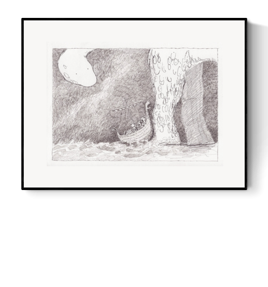 Black and white giclée art print by Willy Leung featuring a detailed drawing of a small boat sailing towards an enormous sea creature, with textured waves and a whimsical fantasy atmosphere – 30 x 40 cm fine art print.