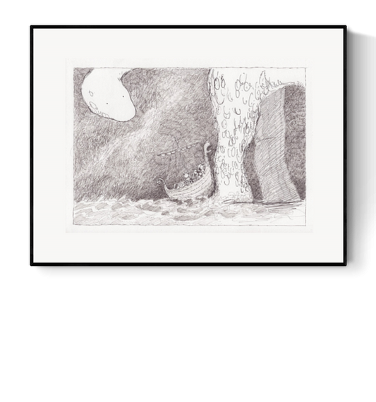 Black and white giclée art print by Willy Leung featuring a detailed drawing of a small boat sailing towards an enormous sea creature, with textured waves and a whimsical fantasy atmosphere – 30 x 40 cm fine art print.