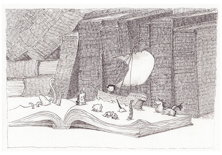 Black-and-white illustration by Willy Leung titled Vessel, showing a surreal scene of a pirate ship sailing through an open book surrounded by mythical creatures, all set in a towering library. Printed on high-quality Hahnemühle Photo Rag paper with archival pigment inks. Available in A4 or 30x40 cm.