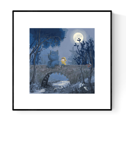 Giclée print by Belgian illustrator Willy Leung – whimsical 30x30 cm illustration of a child and friendly creature on a stone bridge under the full moon, surrounded by soft blue forest tones – printed with archival pigment inks on 308 gsm Hahnemühle fine art paper.