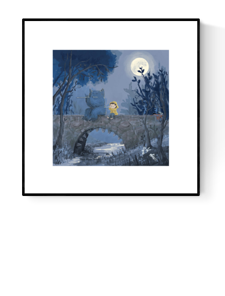 Giclée print by Belgian illustrator Willy Leung – whimsical 30x30 cm illustration of a child and friendly creature on a stone bridge under the full moon, surrounded by soft blue forest tones – printed with archival pigment inks on 308 gsm Hahnemühle fine art paper.