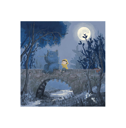 Giclée print by Belgian illustrator Willy Leung – whimsical 30x30 cm illustration of a child and friendly creature on a stone bridge under the full moon, surrounded by soft blue forest tones – printed with archival pigment inks on 308 gsm Hahnemühle fine art paper.