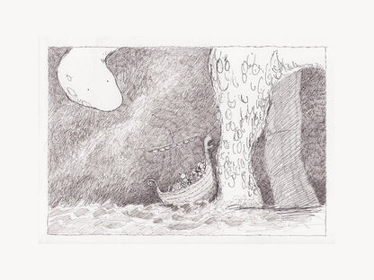 Black and white giclée art print by Willy Leung featuring a detailed drawing of a small boat sailing towards an enormous sea creature, with textured waves and a whimsical fantasy atmosphere – 30 x 40 cm fine art print.
