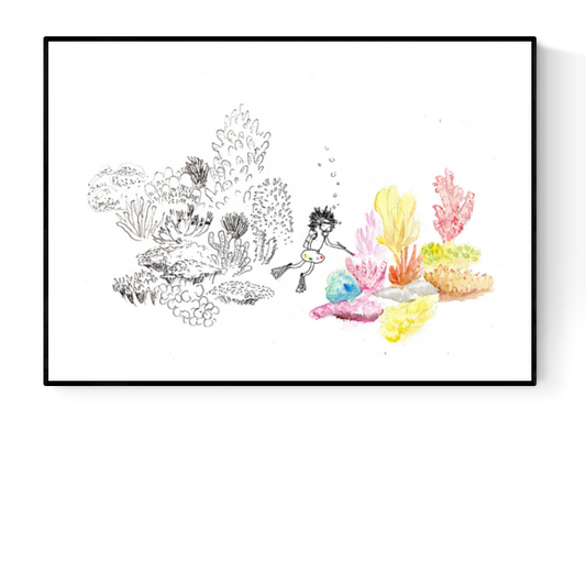 Art print of a diver exploring colourful corals by Willy Leung, minimalist illustration with fine black linework and soft pastel watercolours, Giclée print on premium paper, signed, 21 x 29.7 cm.