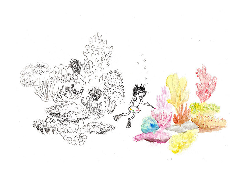 Art print of a diver exploring colourful corals by Willy Leung, minimalist illustration with fine black linework and soft pastel watercolours, Giclée print on premium paper, signed, 21 x 29.7 cm.