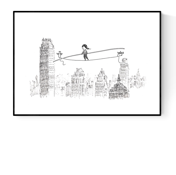 Minimalist Giclée art print by Willy Leung, delicate line drawing of a girl walking a tightrope above a whimsical city skyline, printed on premium Hahnemühle paper in Belgium.