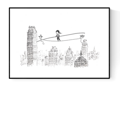 Minimalist Giclée art print by Willy Leung, delicate line drawing of a girl walking a tightrope above a whimsical city skyline, printed on premium Hahnemühle paper in Belgium.