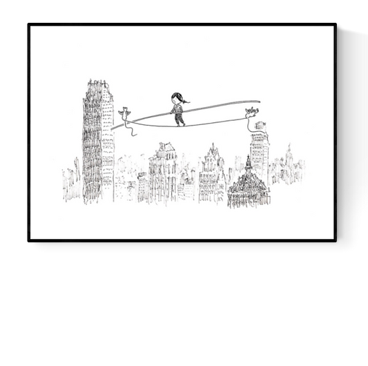 Minimalist Giclée art print by Willy Leung, delicate line drawing of a girl walking a tightrope above a whimsical city skyline, printed on premium Hahnemühle paper in Belgium.