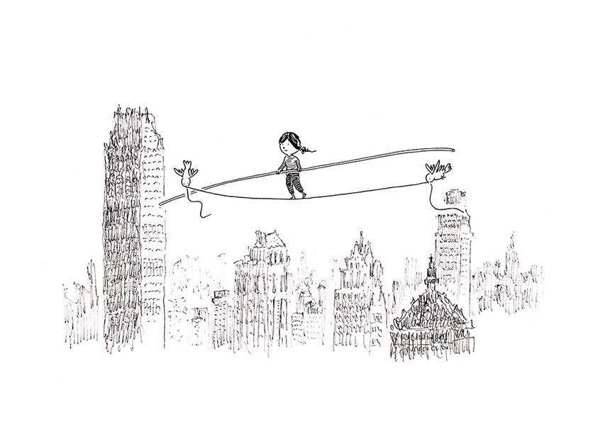 Minimalist Giclée art print by Willy Leung, delicate line drawing of a girl walking a tightrope above a whimsical city skyline, printed on premium Hahnemühle paper in Belgium.