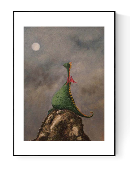 Whimsical illustration by Willy Leung featuring a green dragon with red wings sitting peacefully on a rocky cliff under a cloudy night sky with a glowing full moon.