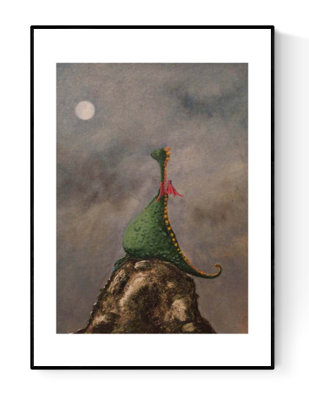 Whimsical illustration by Willy Leung featuring a green dragon with red wings sitting peacefully on a rocky cliff under a cloudy night sky with a glowing full moon.