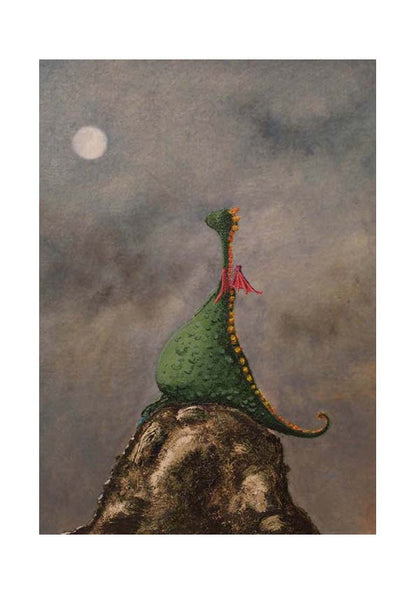 Whimsical illustration by Willy Leung featuring a green dragon with red wings sitting peacefully on a rocky cliff under a cloudy night sky with a glowing full moon.
