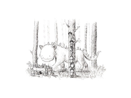 Whimsical black-and-white illustration of children hiding behind a tree while a gentle monster walks by, art print by Willy Leung — playful giclée print for kids' rooms and fantasy art lovers.
