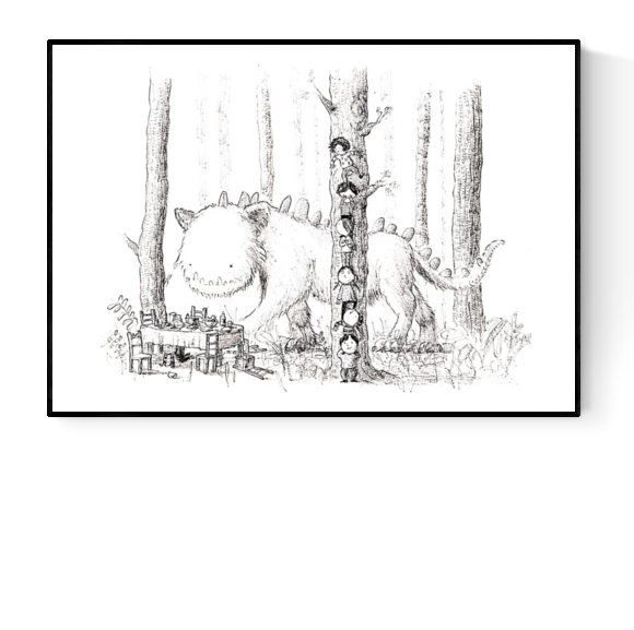 Whimsical black-and-white illustration of children hiding behind a tree while a gentle monster walks by, art print by Willy Leung — playful giclée print for kids' rooms and fantasy art lovers.