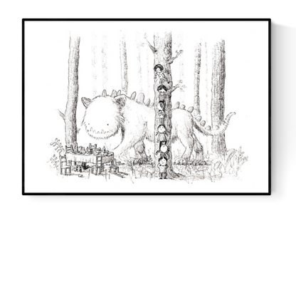 Whimsical black-and-white illustration of children hiding behind a tree while a gentle monster walks by, art print by Willy Leung — playful giclée print for kids' rooms and fantasy art lovers.