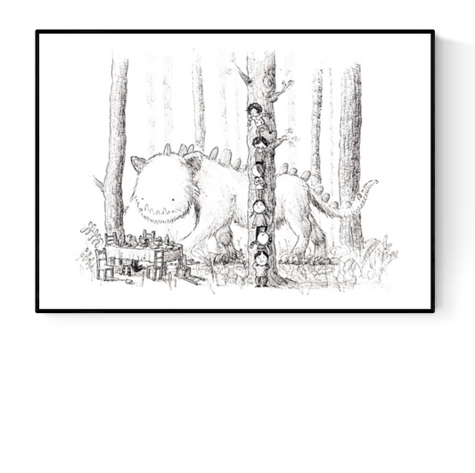 Whimsical black-and-white illustration of children hiding behind a tree while a gentle monster walks by, art print by Willy Leung — playful giclée print for kids' rooms and fantasy art lovers.