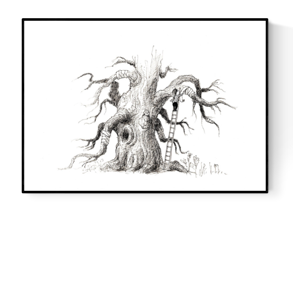 Minimalist black-and-white art print of a child climbing a ladder to tend to a wounded tree — emotional and poetic illustration by Belgian artist Willy Leung, perfect for nature lovers and thoughtful spaces.