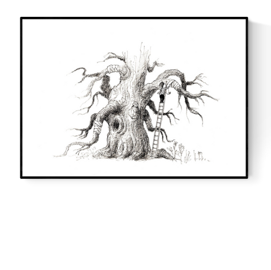 Minimalist black-and-white art print of a child climbing a ladder to tend to a wounded tree — emotional and poetic illustration by Belgian artist Willy Leung, perfect for nature lovers and thoughtful spaces.