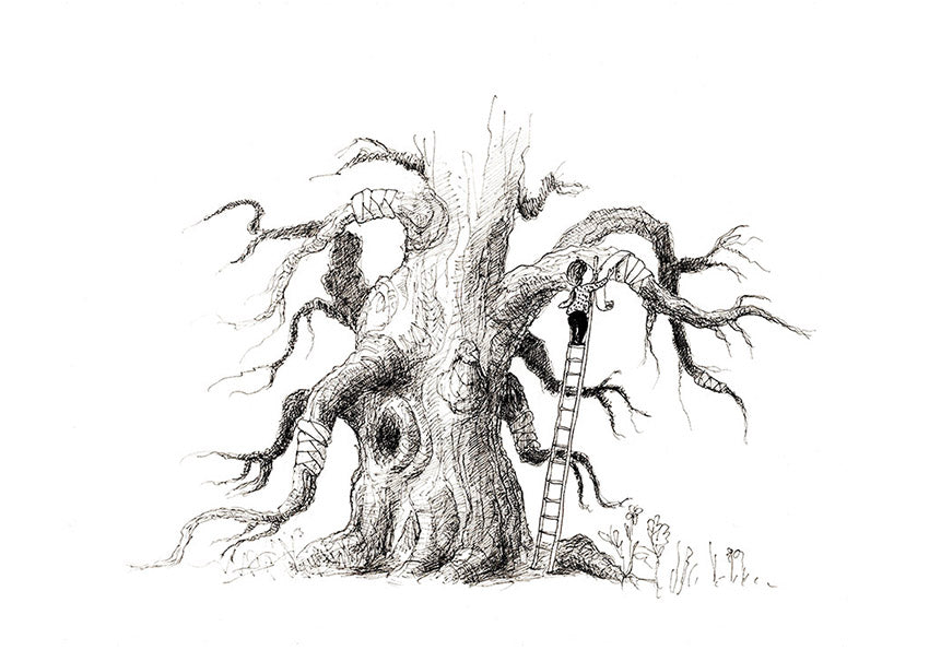 Minimalist black-and-white art print of a child climbing a ladder to tend to a wounded tree — emotional and poetic illustration by Belgian artist Willy Leung, perfect for nature lovers and thoughtful spaces.