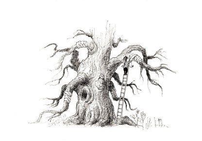 Minimalist black-and-white art print of a child climbing a ladder to tend to a wounded tree — emotional and poetic illustration by Belgian artist Willy Leung, perfect for nature lovers and thoughtful spaces.