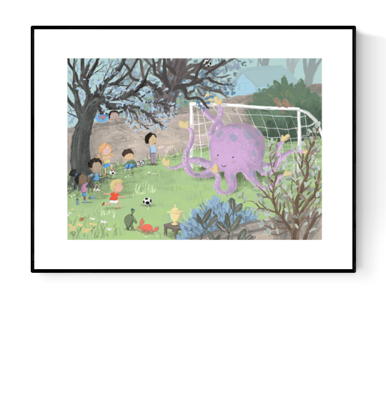 Illustration by Willy Leung featuring a whimsical soccer game with children and a smiling purple octopus as goalie, set in a lush garden surrounded by trees and spring flowers.