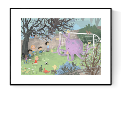 Illustration by Willy Leung featuring a whimsical soccer game with children and a smiling purple octopus as goalie, set in a lush garden surrounded by trees and spring flowers.
