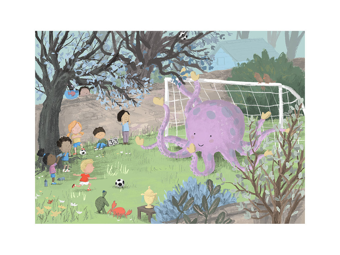 Illustration by Willy Leung featuring a whimsical soccer game with children and a smiling purple octopus as goalie, set in a lush garden surrounded by trees and spring flowers.