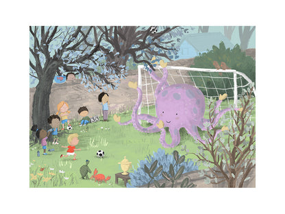 Illustration by Willy Leung featuring a whimsical soccer game with children and a smiling purple octopus as goalie, set in a lush garden surrounded by trees and spring flowers.