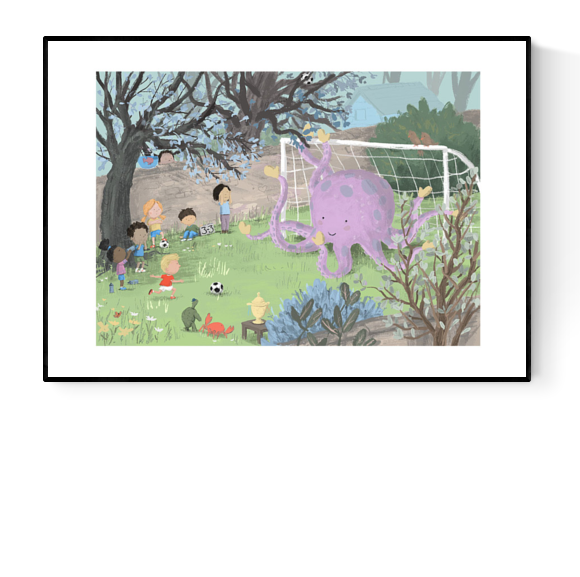 Illustration by Willy Leung featuring a whimsical soccer game with children and a smiling purple octopus as goalie, set in a lush garden surrounded by trees and spring flowers.