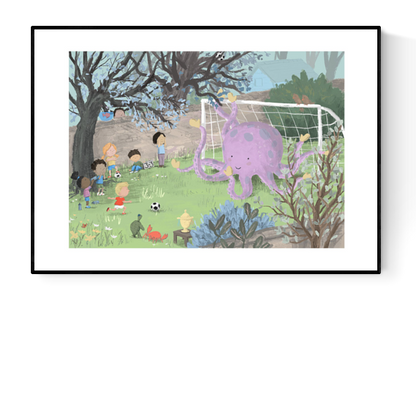 Illustration by Willy Leung featuring a whimsical soccer game with children and a smiling purple octopus as goalie, set in a lush garden surrounded by trees and spring flowers.