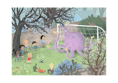 Illustration by Willy Leung featuring a whimsical soccer game with children and a smiling purple octopus as goalie, set in a lush garden surrounded by trees and spring flowers.