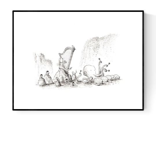 Black-and-white giclée art print by Willy Leung depicting animals and fantasy creatures gathered around a harp in a peaceful riverside scene, with intricate linework and poetic atmosphere.