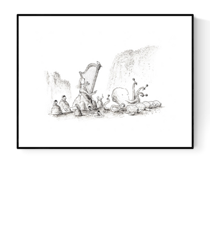 Black-and-white giclée art print by Willy Leung depicting animals and fantasy creatures gathered around a harp in a peaceful riverside scene, with intricate linework and poetic atmosphere.