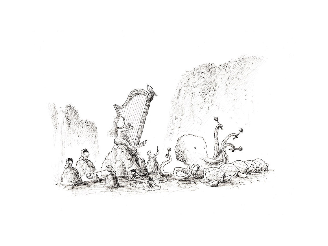 Black-and-white giclée art print by Willy Leung depicting animals and fantasy creatures gathered around a harp in a peaceful riverside scene, with intricate linework and poetic atmosphere.