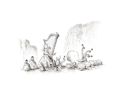 Black-and-white giclée art print by Willy Leung depicting animals and fantasy creatures gathered around a harp in a peaceful riverside scene, with intricate linework and poetic atmosphere.